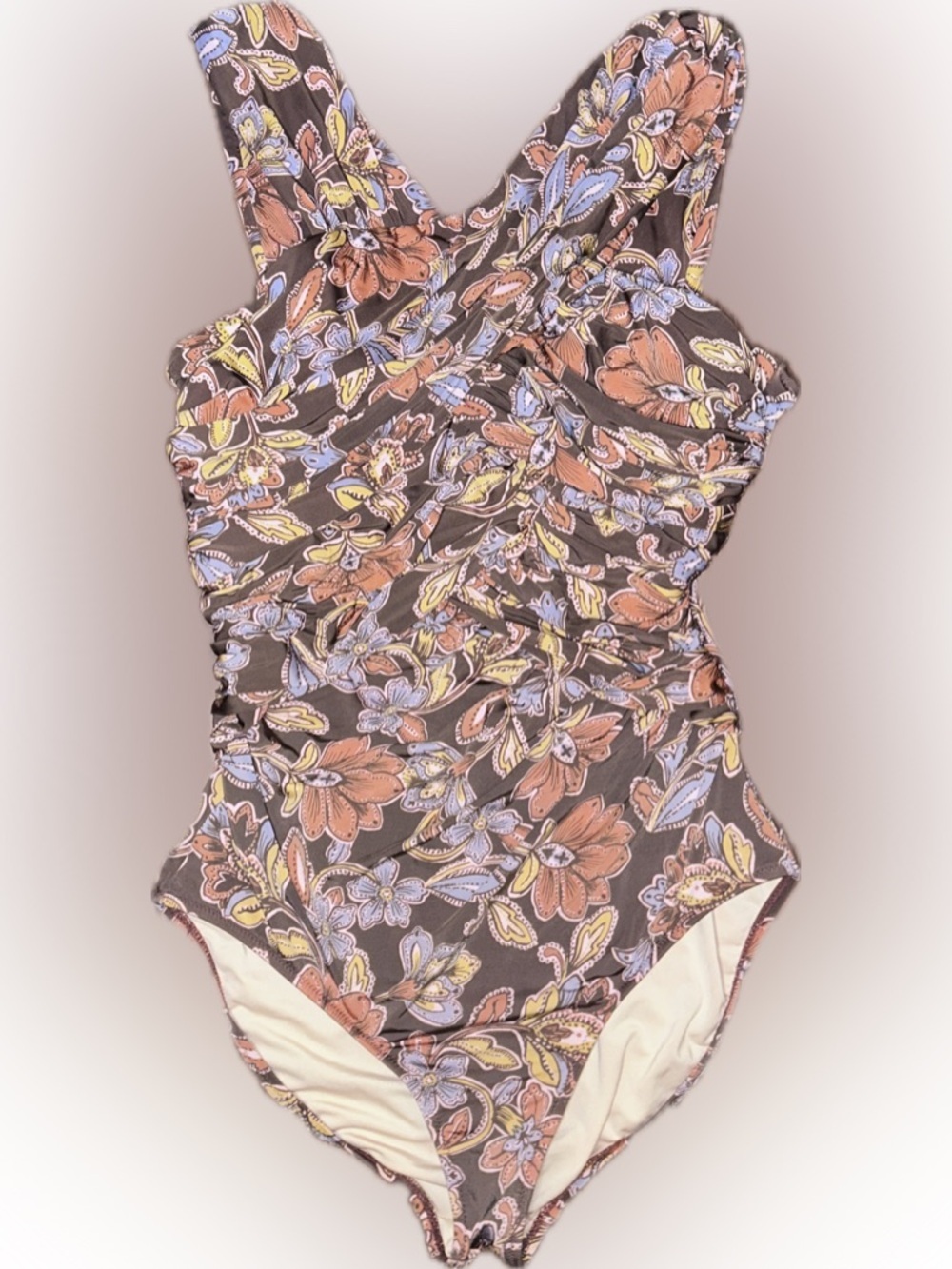 Garnet Hill Brown Floral Ruched Cross-Front Draped One Piece Swimsuit Bathing 12